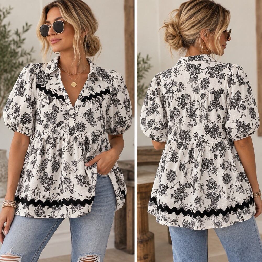 Umgee Size M Black White Floral Babydoll Tunic Top Puff Sleeve Ric Rac Toile